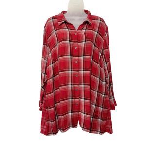 J Jill Blouse Womens XL Long Sleeve Red Plaid Button Tunic Long Length Pockets
